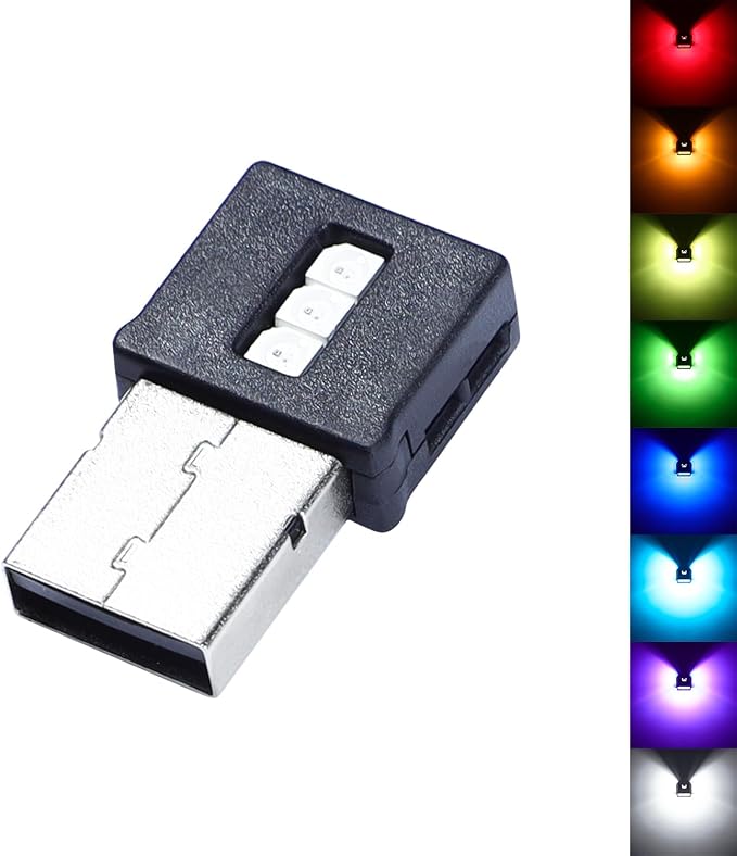 Three Sides Emit Light USB Type-A Car LED Ambient Light 7Leds RGB Atmosphere Lamp, Interior Dimmable Mood Lighting for Cars/SUV/Trucks