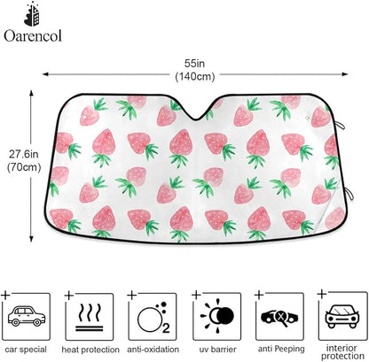 Fresh Strawberry Car Windshield Sun Shade Cute Pink Fruit Foldable UV Ray Sun Visor Protector Sunshade to Keep Your Vehicle Cool (55" x 27.6")