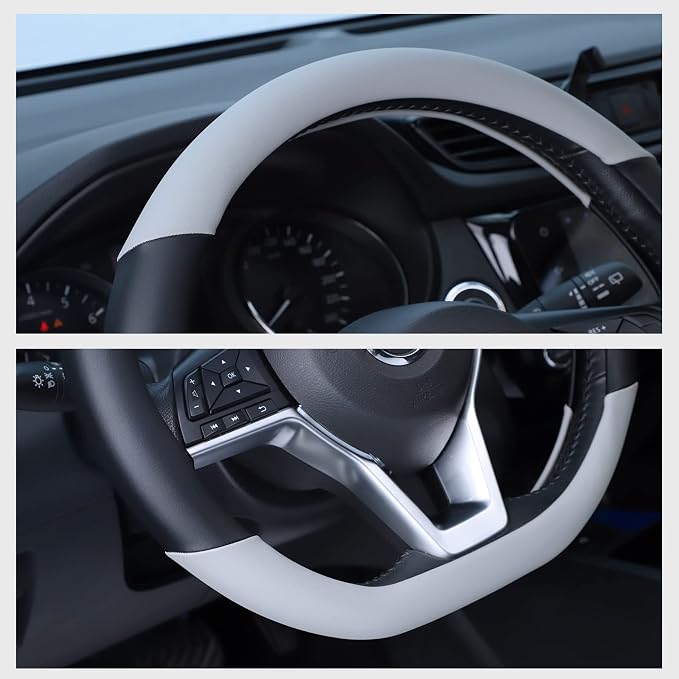 SEG Direct Flat Bottom Steering Wheel Cover, D Shaped Car Wheel Cover 14 1/2-15 in. (37-39 cm), Black Gray Microfiber Leather