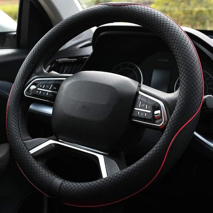 Microfiber Leather Car Steering Wheel Cover, Soft Padding, Durable, No Smell, Universal 15 Inch Steering Cover, Anti-Slip Embossing Pattern A, Black with Red Line