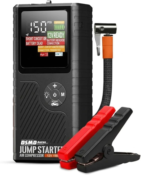 Jump Starter with Air Compressor, Portable Car Battery Booster for Dead Batteries, 150 PSI Tire Inflator – Starts Up to 6.5L Gas / 3.5L Diesel Engines, Power Bank, LED Display – DSMDAutos