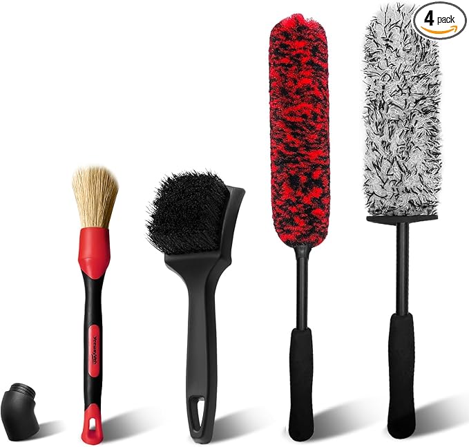 YeewayVeh 4Pack Car Wheel Cleaning Kit, Bendable Wheel Brush and Microfiber Rim Cleaner Brush, Tire Brush and Car Detailing Brush, Soft & No-Scratch Car Wheel Rim Brush Set for All Wheel Types, Red