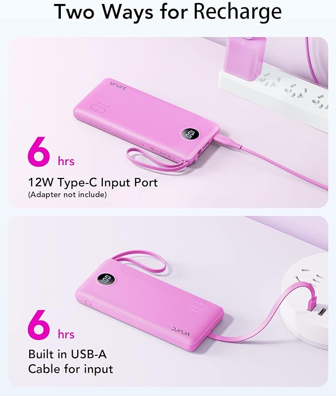 VRURC Portable Charger, Built-in 4 Cables Power Bank 10000mAh, Lightweight USB C Portable Phone Charger, 5 Output 2 Input Compatible with Smart Phones,Samsung,Android etc-Purple(1 Pack)