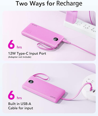 VRURC Portable Charger, Built-in 4 Cables Power Bank 10000mAh, Lightweight USB C Portable Phone Charger, 5 Output 2 Input Compatible with Smart Phones,Samsung,Android etc-Purple(1 Pack)