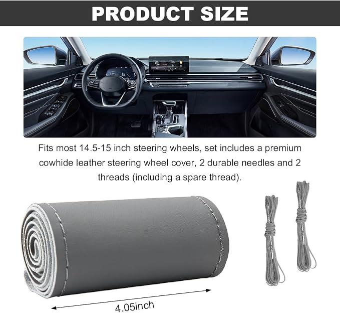 Wevdn Genuine Leather Steering Wheel Cover, Stitch on Wrap, DIY Sewing Steering Wheel Protector, 15 Inch Breathable Non-Slip Steering Wheel Protector, Car Accessories (Gray, Glossy)
