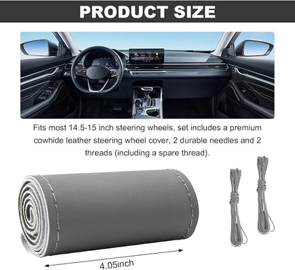 Wevdn Genuine Leather Steering Wheel Cover, Stitch on Wrap, DIY Sewing Steering Wheel Protector, 15 Inch Breathable Non-Slip Steering Wheel Protector, Car Accessories (Gray, Glossy)