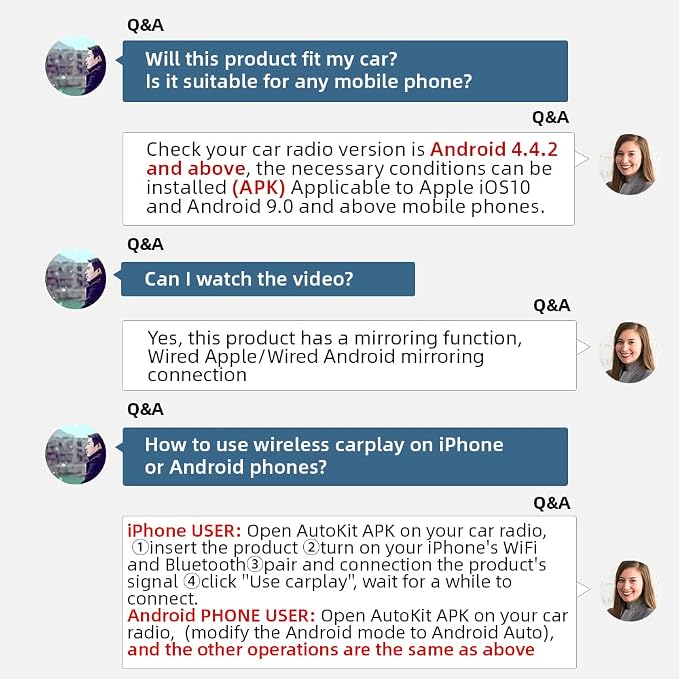 Carlinkit Wireless CarPlay USB Adapter Only Compatible with Android car radios. only for Android Version 4.4.2 or Above. APK Must be Successfully Installed Before use. Model:CPC200-CCPA