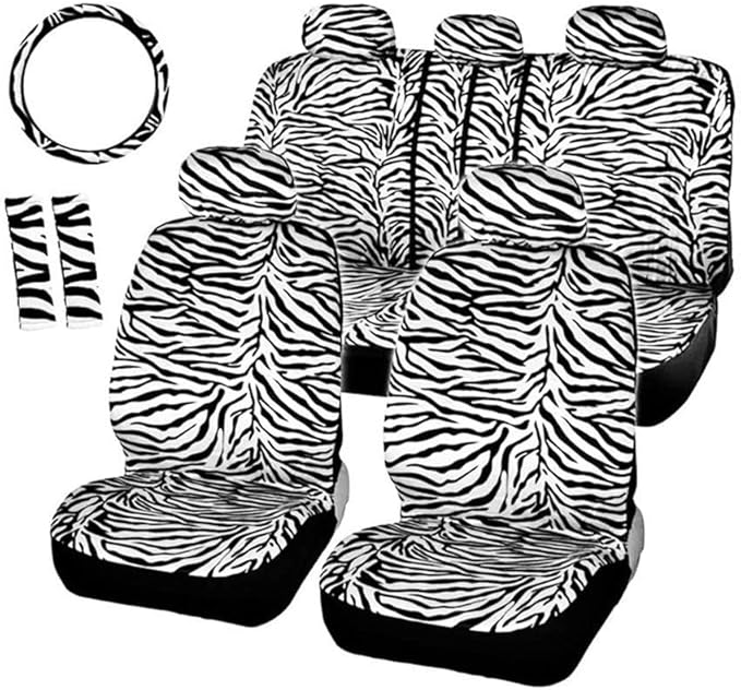 AUTOFAN Zebra Car Seat Covers for Full Set with 2 Seat Belt Pads & Universal 15 Inch Steering Wheel Cover Fit for Cars, Trucks, SUV, or Van
