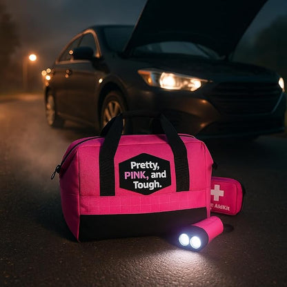 Pretty Pink Roadside Kit - Pink Emergency Kit for Teen Girls and Women - Car Accessories for Women - Durable Carry Bag with Long Jumper Cables, First Aid Kit, Emergency Tools, 5 Year Warranty