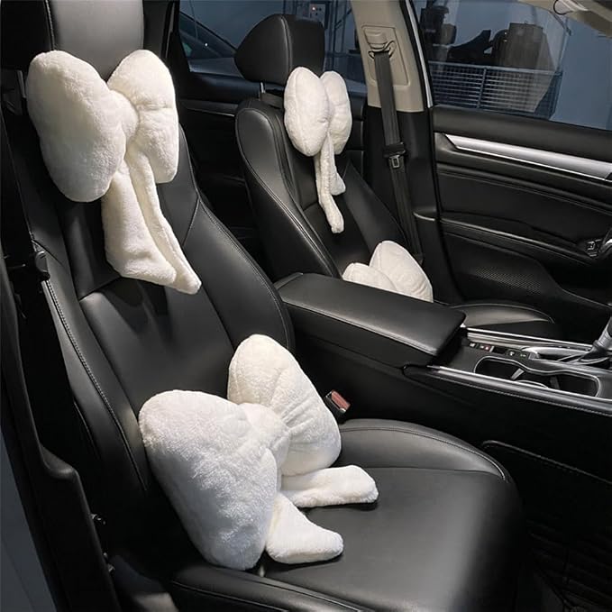 LYFJMUS 4 Pack Plush Bow Car Headrest Pillow and Lumbar Support Pillow Soft Butterfly Car Neck Pillows for Driving Cars Decor