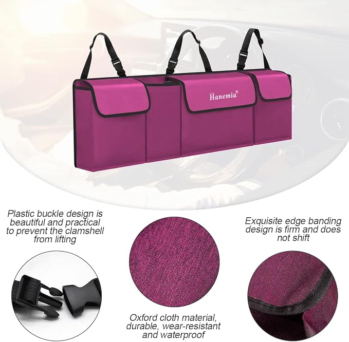 Car Trunk Organizer, Backseat Hanging Storage with 4 Large Pockets, Collapsible Cargo Bag with Adjustable Straps Frees Trunk Floor, Sturdy Space Saving Expert for SUV, Truck, Van (Purple)