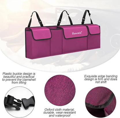 Car Trunk Organizer, Backseat Hanging Storage with 4 Large Pockets, Collapsible Cargo Bag with Adjustable Straps Frees Trunk Floor, Sturdy Space Saving Expert for SUV, Truck, Van (Purple)