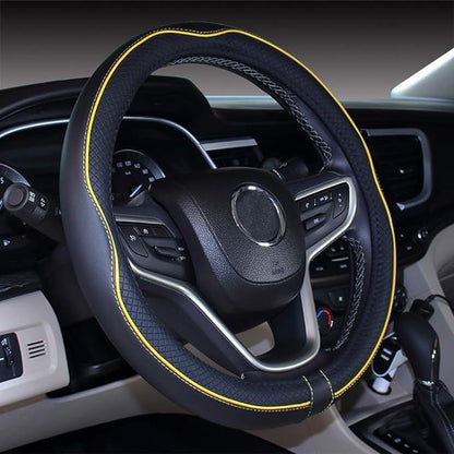 Mayco Bell Universal Standard Size Steering Wheel Cover Anti-Slip,Safety,Soft,Breathable,Durable,Full Surround,Comfortable Grip Microfiber Leather (14.5-15 inch,Black Yellow)