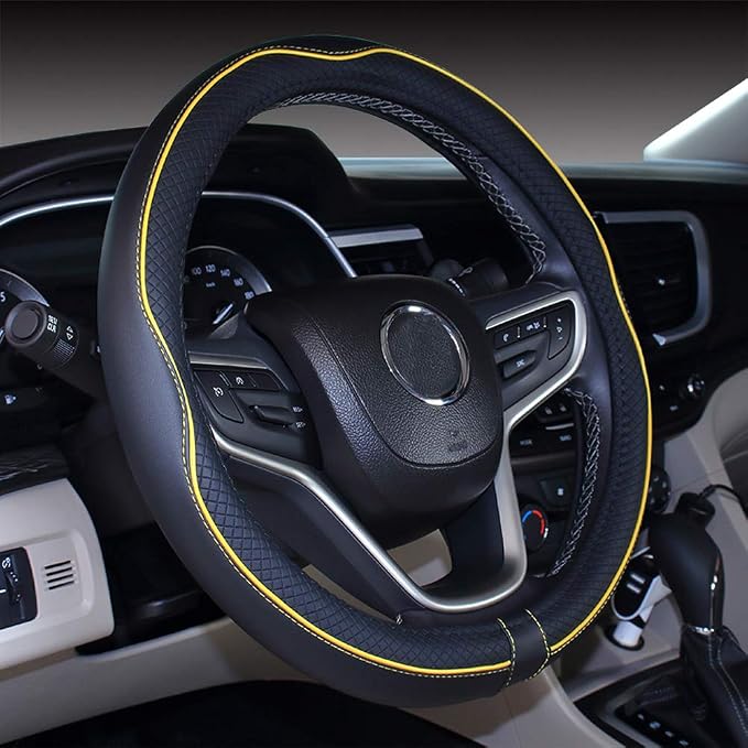 Mayco Bell Small Size Steering Wheel Cover Anti-Slip,Safety,Soft,Breathable,Durable,Full Surround,Comfortable Grip Microfiber Leather (14-14.25 inch, Black Yellow)