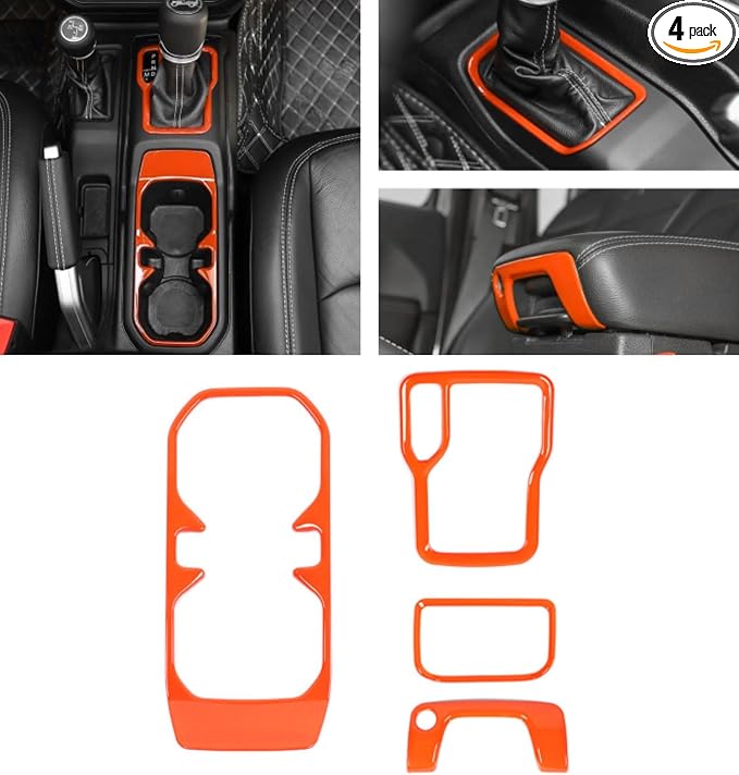 for JL 4WD Shift Knob Gear Shift Bezel Front Cup Holder Center Armrest Switch Lock Hole Cover Trim Kits Fit for 2018-2024+Jeep Wrangler JL JLU Gladiator JT Interior Accessories 4pcs Orange(AT)