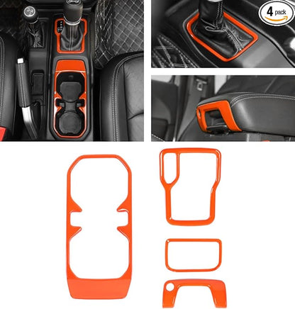 for JL 4WD Shift Knob Gear Shift Bezel Front Cup Holder Center Armrest Switch Lock Hole Cover Trim Kits Fit for 2018-2024+Jeep Wrangler JL JLU Gladiator JT Interior Accessories 4pcs Orange(AT)