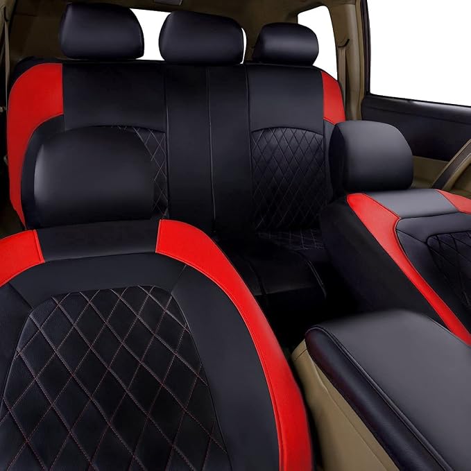 Universal Faux Leather Car Seat Covers Full Set Airbag Compatible Breathable Fit for Cars Trucks SUVs Deluxe Pu Luxury Vinyl(Black with Red)