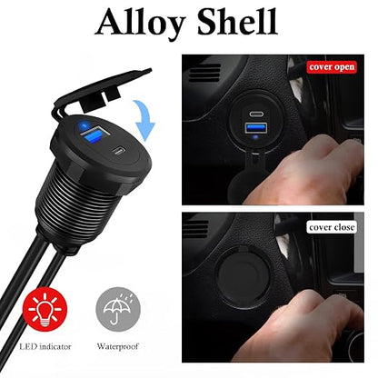 Type C 3.0 USB 3.0 Alloy Shell Car Mount Flush USB Port Cable Male to Female, Car Truck Boat Motorcycle Dashboard Panel Extension Cable LED Indicator - 3ft