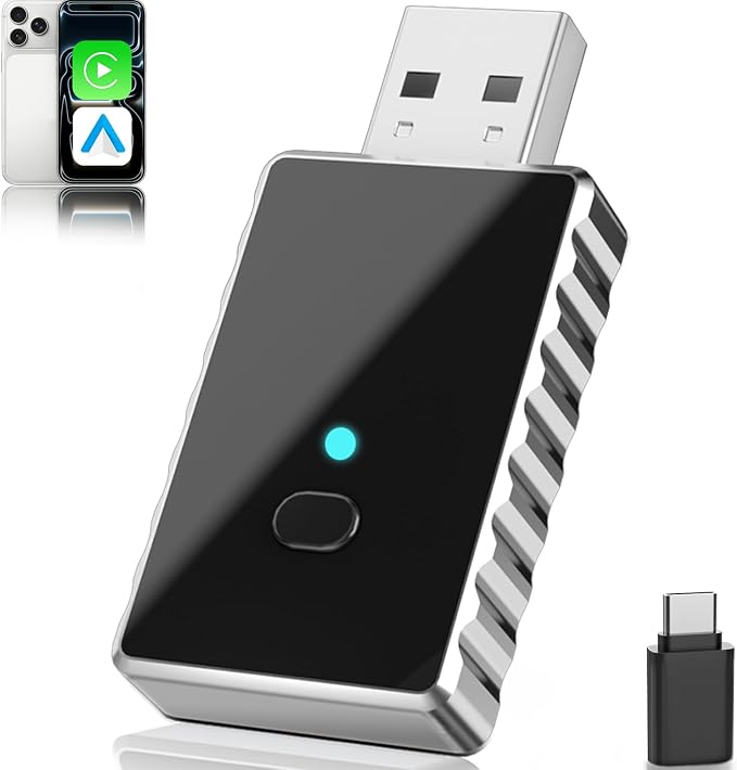 Wireless CarPlay Adapter + Android Auto Wireless Adapter, Apple CarPlay Adapter, Upgrade Wired CarPlay to Wireless, Plug and Play Stable Connection, Aluminum Body, USB A/Type C