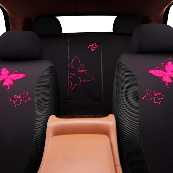 Flying Banner Butterfly car seat Covers ful Set Fashion Universal Lady Woman Female Rear Bench Split Colorized (Black Rose Red, Full Set - Lace)