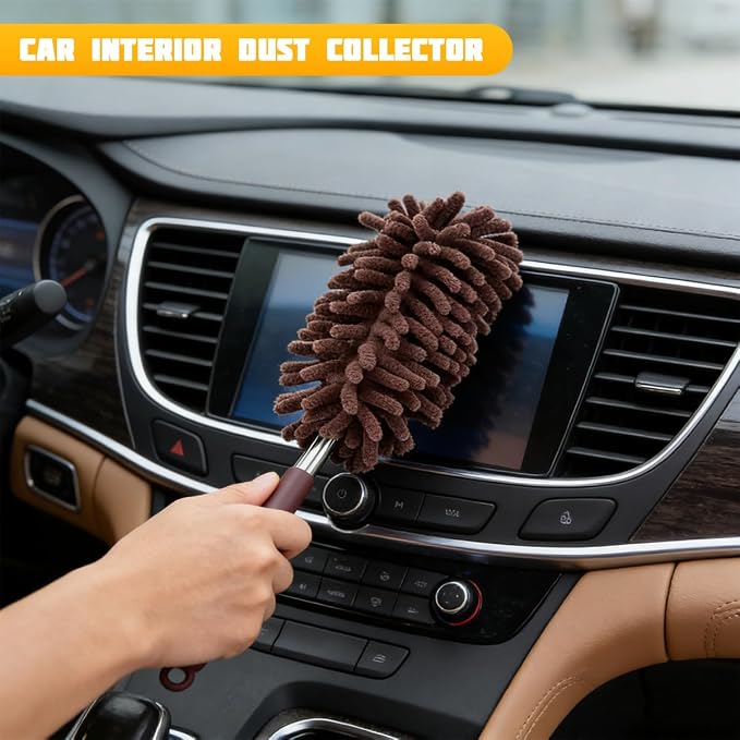 Zpana 2PCS Car Interior Duster with Extension Pole, Soft Chenille Retractable Washable Dash Detailing Cleaner, Auto Window Cleaning Brush Duster for Interior Exterior, Universal Fit (Coffee)
