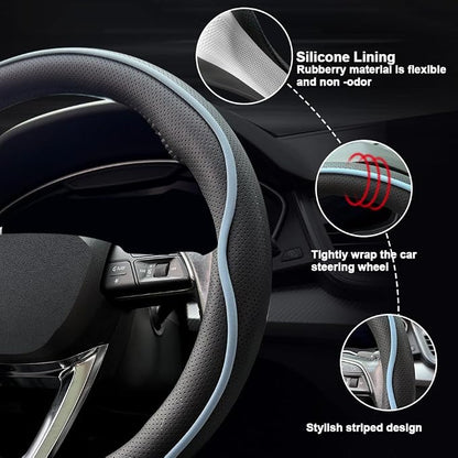 HAOTULE Leather Steering Wheel Cover， with Anti-Slip Stripe Design - Enhanced Grip, Fashion Style, Safe, Non-Slip, Breathable. Upgrade car Interior，Black Blue
