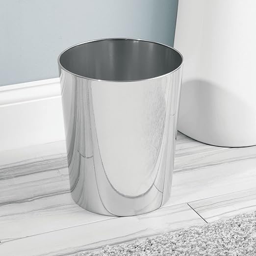 mDesign Round Metal Small 1.7 Gallon Recycle Trash Can Wastebasket, Garbage Container Bin for Bathrooms, Kitchen, Bedroom, Home Office - Durable Stainless Steel - Mirri Collection - 2 Pack - Chrome