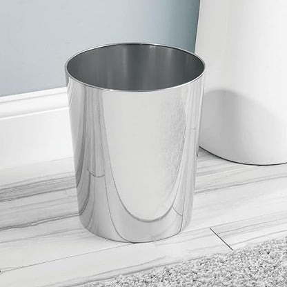 mDesign Round Metal Small 1.7 Gallon Recycle Trash Can Wastebasket, Garbage Container Bin for Bathrooms, Kitchen, Bedroom, Home Office - Durable Stainless Steel - Mirri Collection - 2 Pack - Chrome