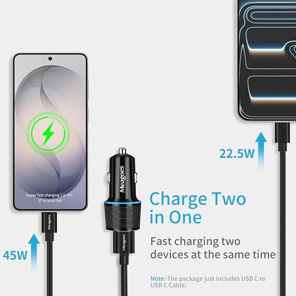 67.5W Car Charger USB C Super Fast Charging, 45W USBC & QC3.0 Port Plug for iPhone 17 Pro Max/Air/16/15/iPad, Samsung S26 Android Cell Phone, Dual 12V Cigarette Lighter Adapter + 6.6 ft Type C Cable