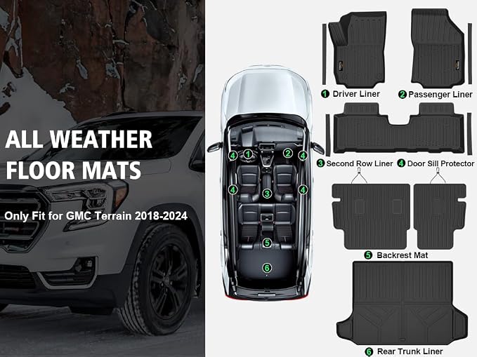 Floor Mats Custom for GMC Terrain 2018-2024 Trunk Mat with Backrest Mat All Weather TPE Full Set Liners Cargo Protector & Door Sill Guards for Terrain Accessories, Black