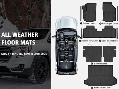 Floor Mats Custom for GMC Terrain 2018-2024 Trunk Mat with Backrest Mat All Weather TPE Full Set Liners Cargo Protector & Door Sill Guards for Terrain Accessories, Black