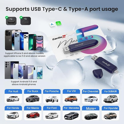 Carlinkit Mini SE Pro Wireless Android Auto & CarPlay Adapter, 2-in-1 Mini Converts Wired to Wireless Dongle for USB-C/A Plug and Play Low Latency Portable/iPhone iOS 10+ / Android 11+