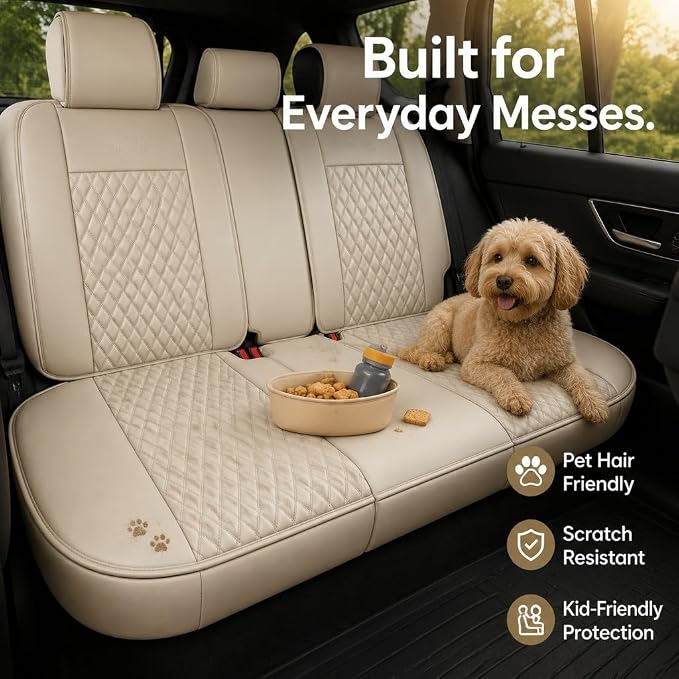 Beige Car Seat Covers Set of 2,Universal Precision Fit Contoured Thick Nappa Leather Full Coverage Seat Protector, Stain Resistant & Non-Slip Automotive Cushion for Most Sedans, SUVs and Trucks Style1