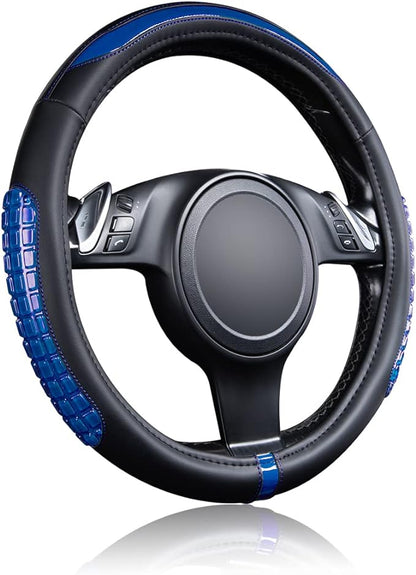 Flying Banner car Steering Wheel Cover Gel Massage Velvet Cool Warm Universal Size 15 inches SUV Truck Anti Slip Odorless Summer Winter (Black Blue, Gel Massage)