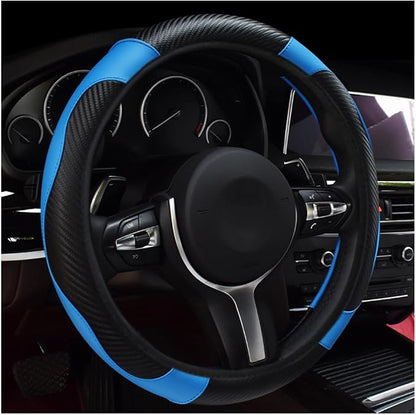 povtii Car Steering Wheel Cover, 15 Inch Leather Breathable Auto Steering Wheel Protector, Comfortable Non-Slip Vehicle Steering Wheel Covers, Universal Interior Car Accessories (Black+Blue)