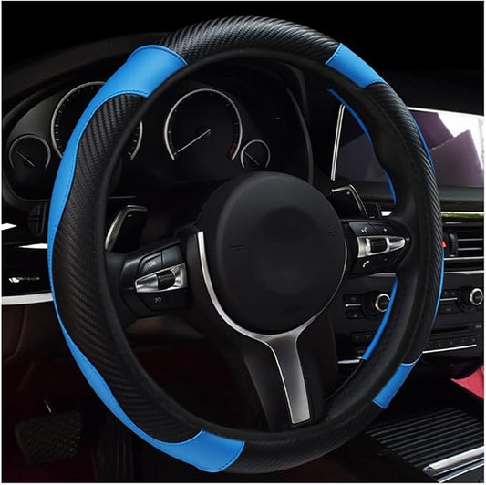 povtii Car Steering Wheel Cover, 15 Inch Leather Breathable Auto Steering Wheel Protector, Comfortable Non-Slip Vehicle Steering Wheel Covers, Universal Interior Car Accessories (Black+Blue)