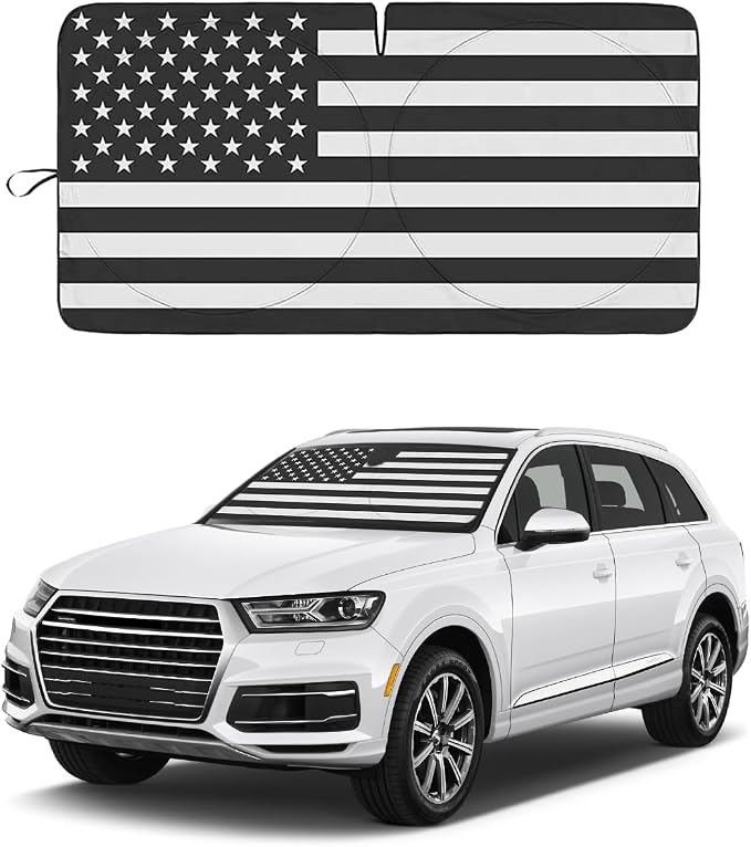American Flag Car Windshield Sun Shade, Foldable Car Front Window Sunshade for Car SUV Truck, Auto Interior Sun Protection Cover, Blocks UV Rays & Keeps Your Vehicle Cool (USA B&W Flag, Medium)