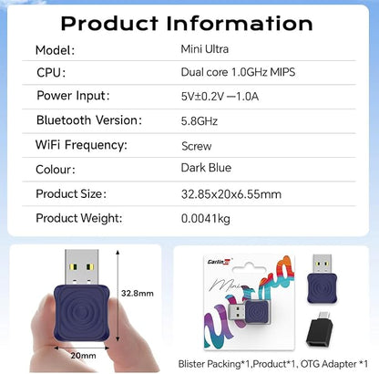Carlinkit Mini Ultra Wireless CarPlay & Android Auto Adapter - Plug & Play Dongle for iPhone & Android, Convert Wired to Wireless, USB-A/USB-C Fast Connection, Compatible with OEM Wired Cars
