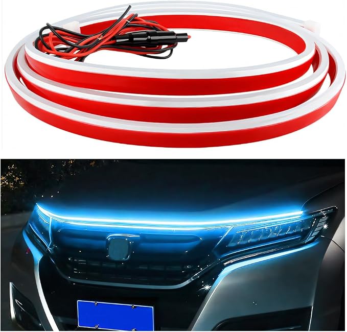 Car Hood Light Strip, 71 Inch Silicone Flexible Daytime Vehicle LED Running Lighting with Dynamic Scan Start Up Effect, Waterproof Auto Exterior Lamp Accessories, Universal Fit (Ice Blue)
