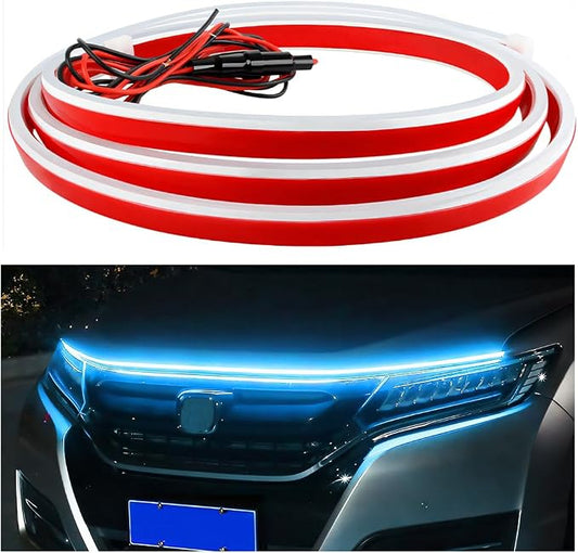 Car Hood Light Strip, 71 Inch Silicone Flexible Daytime Vehicle LED Running Lighting with Dynamic Scan Start Up Effect, Waterproof Auto Exterior Lamp Accessories, Universal Fit (Ice Blue)
