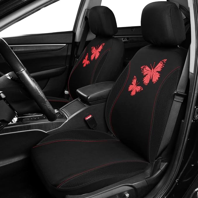 Flying Banner Butterfly car seat Covers ful Set Fashion Universal Lady Woman Female Rear Bench Split Colorized (Full Set, Red Black)