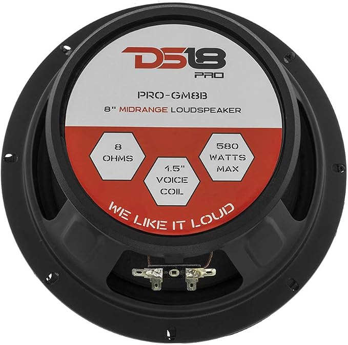 DS18 PRO-GM8B Loudspeaker - 8", Midrange, Red Aluminum Bullet, 580W Max, 190W RMS, 8 Ohms - Premium Quality Audio Door Speakers for Car or Truck Stereo Sound System (1 Speaker)
