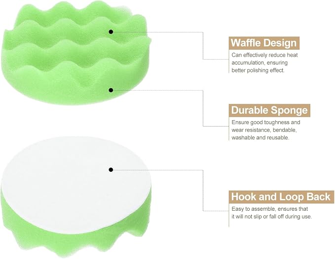 HARFINGTON 3pcs Buffing Sponge Pads 4" Polishing Wheel Waffle Finishing Grip Pad Car Buffer Polisher with Hook and Loop Back for Car Detailing Polishing Waxing, Green