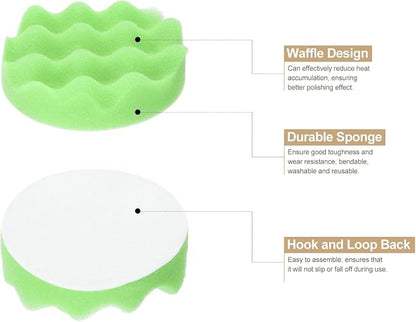 HARFINGTON 3pcs Buffing Sponge Pads 4" Polishing Wheel Waffle Finishing Grip Pad Car Buffer Polisher with Hook and Loop Back for Car Detailing Polishing Waxing, Green