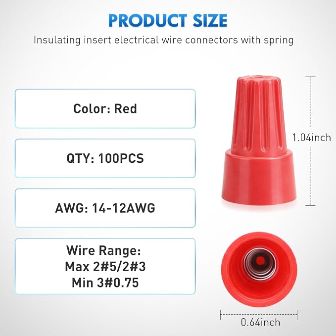 Nilight 100PCS Red Wire Connectors Kit 14-12 AWG Electric Wire Caps Insulating Insert Twist Electrical Wire Terminal with Spring for Connect Electrical Wiring Automotive Car Truck Boats Marine