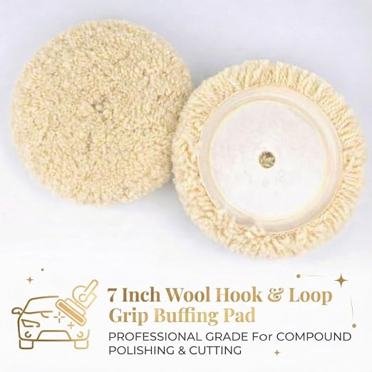 Woolous 7 Inch Wool Buffing Pads for Cars, Boats and Metal | 100% natural lambswool. Hook & loop backing. Ideal for buffing, cutting, compounding and polishing paint.