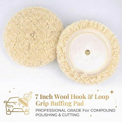 Woolous 7 Inch Wool Buffing Pads for Cars, Boats and Metal | 100% natural lambswool. Hook & loop backing. Ideal for buffing, cutting, compounding and polishing paint.