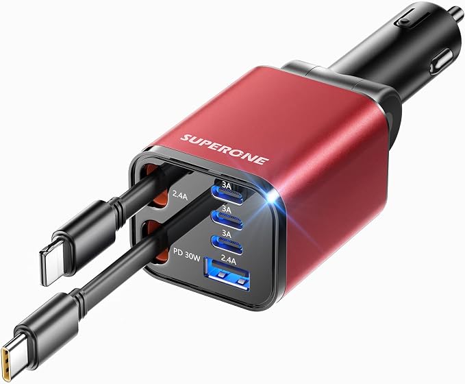 [Upgraded] 4 in 1 Retractable Car Charger, SUPERONE Smaller Fast Car Phone Charger 69W with Cord, USB C and iPhone Car Charger Adapter, Compatible iPhone 17/17 Pro Max/16/15/14/13/12/11, Sumsung