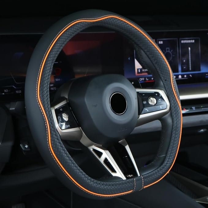 Mayco Bell Flat Bottom Steering Wheel Cover Anti-Slip,Safety,Soft,Breathable,Durable,Full Surround,Comfortable Grip Microfiber Leather (D Shape, Black Orange)