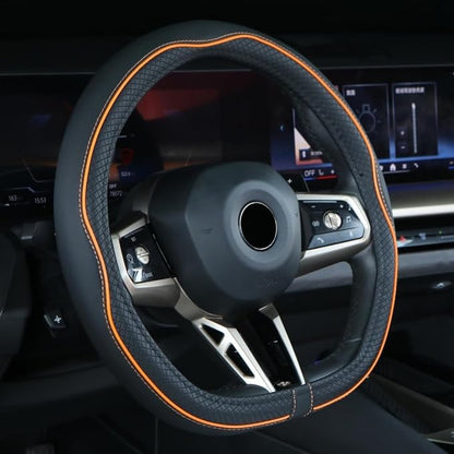 Mayco Bell Flat Bottom Steering Wheel Cover Anti-Slip,Safety,Soft,Breathable,Durable,Full Surround,Comfortable Grip Microfiber Leather (D Shape, Black Orange)